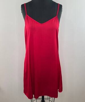 Femofit Red Satin V-Neck Slinky Sleeveless Mini Slip Sleep Dress Night Gown M